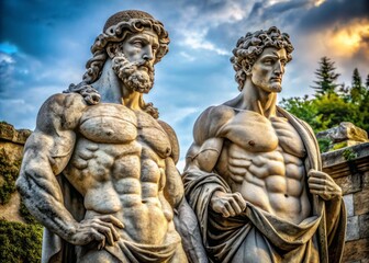 Obraz premium A pair of contrasting stone statues, one robust and powerful, the other fragile and crumbling, symbolizing the eternal