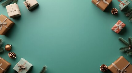 Festive gift boxes arranged on a teal background, ideal for holiday celebrations.