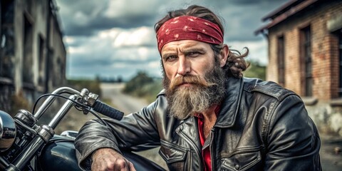 A rugged, bearded man with a red bandana wrapped around his head, wearing a worn leather jacket and