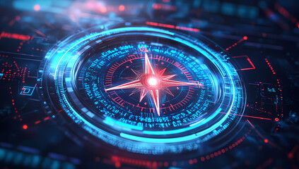 Futuristic digital compass with holographic data and neon glow