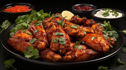 Fototapeta premium A heaping plate of sweet and savory chicken wings, glazed in a rich sauce and garnished with fresh herbs, ready to be devoured.