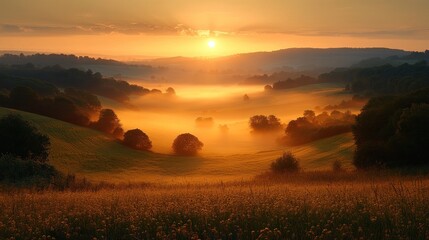 Fototapeta premium Serene sunrise over misty hills and valleys.