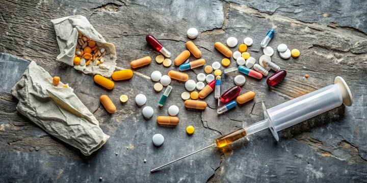 A scattered arrangement of prescription pills, a used syringe, and torn packaging litters a distressed surface,
