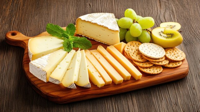 Assorted cheeses sliced fruits and crackers on a stylish cheese board set on a rustic wooden surface