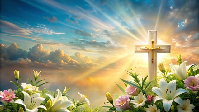A serene and vibrant Easter background featuring a golden cross adorned with flowers and lilies on a soft,