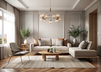 A serene living room with minimalistic decor, featuring a statement light fixture,Neutral-toned walls, and a plush area