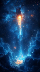 cosmic nebula with bright starburst and galactic clouds - blue, orange, and stars - deep space fantasy art illustration