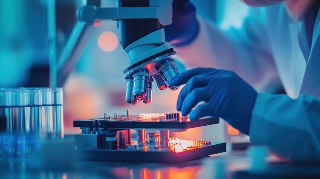 A scientist in a lab coat and blue gloves uses a microscope to examine a sample.