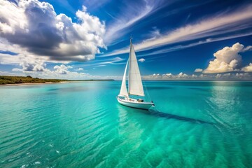 Fototapeta premium A serene sunny day captures a majestic white sailboat gliding effortlessly across calm turquoise waters, leaving a