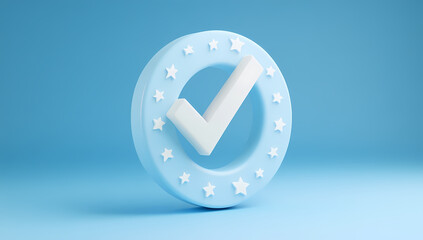 3D Cute Checkmark Icon with Stars on Blue Background
