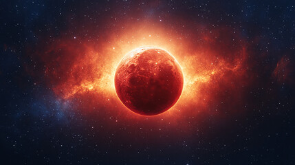 Obraz premium red planet in starry sky - cosmic landscape with glowing nebulas and stars