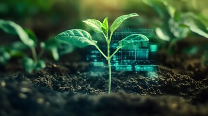 A Single Green Sprout Emerging from Soil with Abstract Digital Data