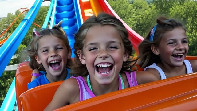 Excited children experience a thrilling roller coaster ride at an amusement park on a sunny day