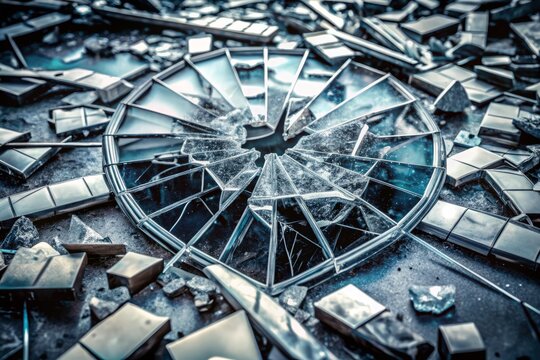 A shattered glass logo lies amidst scattered debris, surrounded by cracked mirrors and twisted metal, symbolizing a