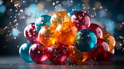 A vibrant cluster of balloons, bursting with festive confetti, against a backdrop of shimmering lights.