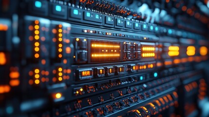 Close-up of illuminated server components in a data center.