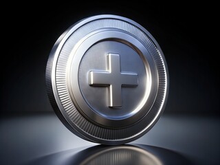 Fototapeta premium A shiny silver circular disc with a plus sign emblem on its surface lies on a sleek black