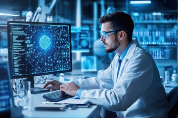 A scientist in a lab coat works on a computer with a blue glowing screen showing data and graphs.