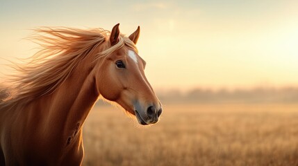 Obraz premium Majestic horse with flowing mane against a sunlit field.