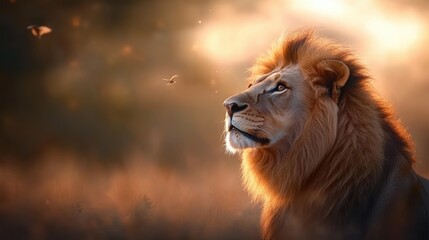 Naklejka premium Majestic lion gazing into the distance, surrounded by a serene natural environment.