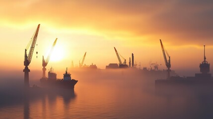 Obraz premium A foggy harbor in a city with ships and cranes emerging from the mist