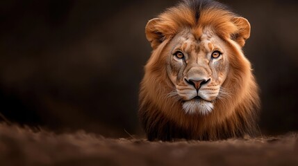 Fototapeta premium Majestic lion with a flowing mane, staring with piercing eyes against a dark backdrop.