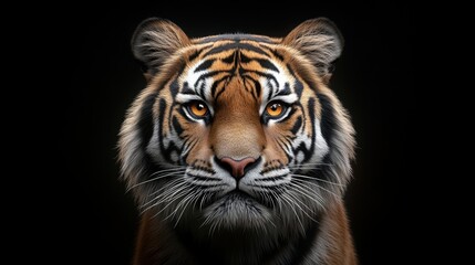 Obraz premium Majestic tiger portrait, fierce gaze, detailed fur, isolated on black background.