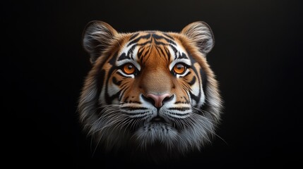 Fototapeta premium Majestic tiger portrait with striking features, dark background for dramatic effect.