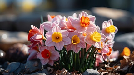 A cluster of delicate pink and yellow flowers with contrasting orange centers bloom in the warm sunlight, their petals unfurling gracefully amidst a bed of green leaves and brown stones.