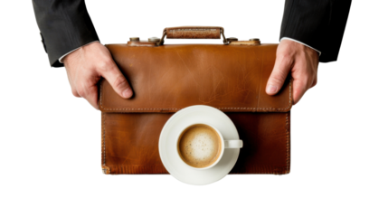 Holding a briefcase and cup of coffee on white background