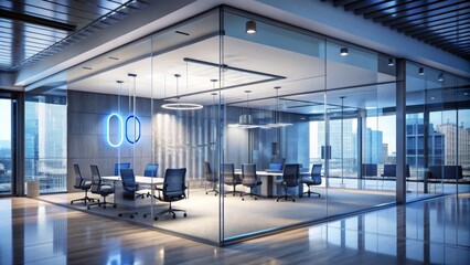 A sleek, modern corporate office features a prominent display of a silver and blue logo on a glass