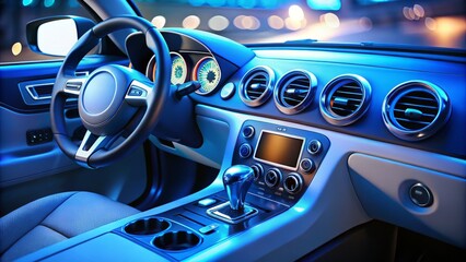 A sleek, modern dashboard with sleek buttons, knobs, and gauges, illuminated by soft blue lights, conveying a sense