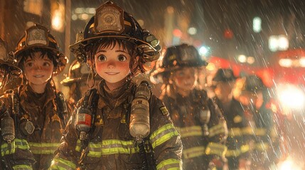 Obraz premium Anime Style Female Firefighter in Rainy Scene