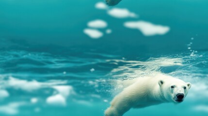 Polar bear swimming in icy waters, clear blue ambiance, serene wildlife scene.