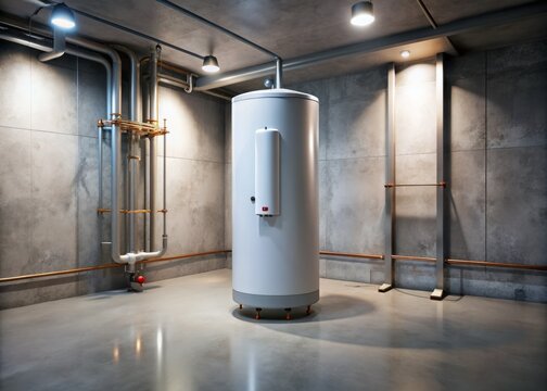 A sleek, modern electric water heater sits on a concrete floor in a dimly lit basement, surrounded by
