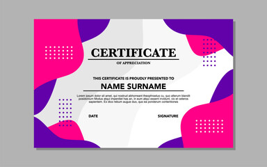 Certificate of appreciation with personalized details in purple, pink, and white dots. 