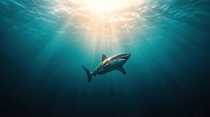 Obraz premium Shark swimming gracefully in deep blue ocean with sun rays penetrating water.