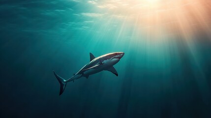 Fototapeta premium Shark swimming gracefully through the clear ocean waters, sunlight filtering down.