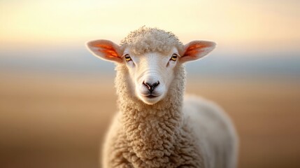 Fototapeta premium Sheep standing in a field during golden hour, soft lighting and calm expression.
