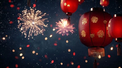 Festive scene with red Chinese lanterns and fireworks lighting up the night sky, celebrating traditional Chinese New Year festivities.