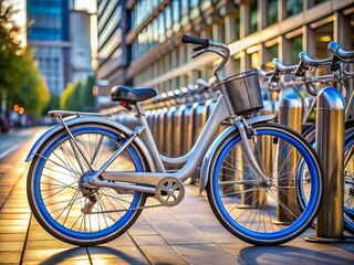 Obraz premium A sleek, silver bicycle with a bright blue wheel and prominent locking mechanism stands upright in a densely