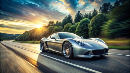 A sleek, silver sports car speeds away on a deserted highway, accelerating rapidly as the blurred background and