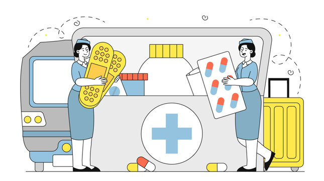 nurses with medical supplies near first aid kit clip art preview