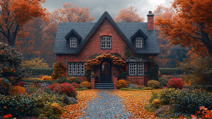 autumnal cottage with stone path and vibrant foliage