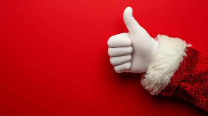 Close-up of Santa Claus hand in white glove giving a thumbs up, concept of holiday spirit