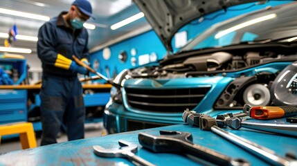 Fototapeta premium A mechanic inspects the engine of a car with its hood raised, surrounded by scattered tools, symbolizing a vehicle malfunction. Automotive repair, technical troubleshooting.