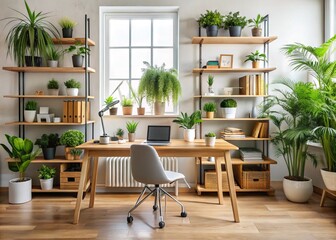 Fototapeta premium A spacious, naturally lit, organized workspace with a tidy desk, shelved books, and a few well-placed plants, evoking