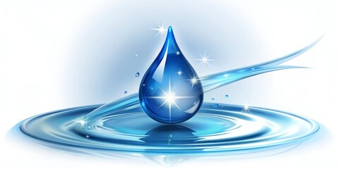 Fototapeta premium A sparkling blue droplet with a white swoosh, resembling a stylized cleaning logo, sits atop a spotless white