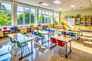 A sparkling clean elementary school classroom with organized desks, fresh supplies, and a shiny floor, radiating a