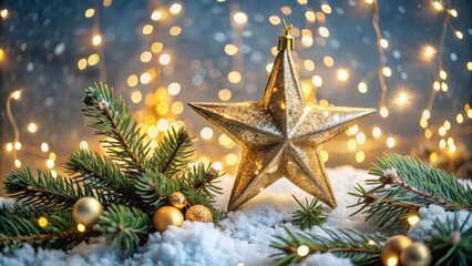 A sparkling, intricately designed golden star tree topper adorns the apex of a lush, snow-kissed Christmas tree,